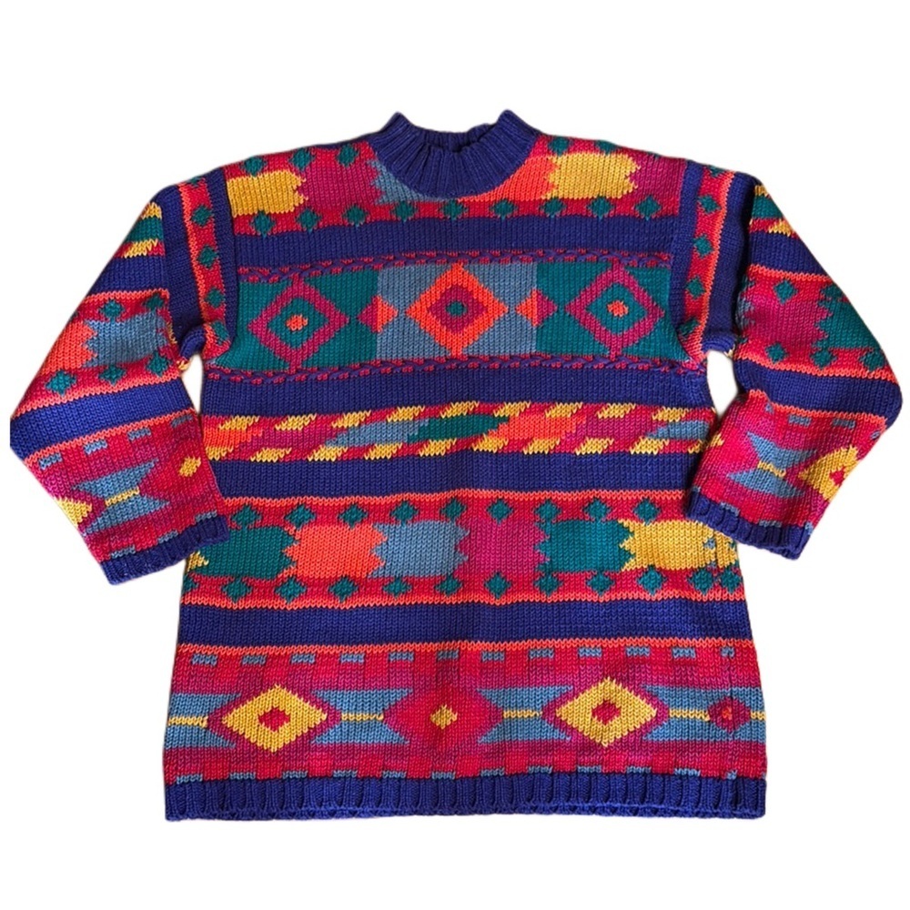 Vintage 90s Boundary Waters Colorful Knit Geometric Oversized Sweater M